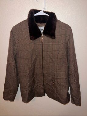 Plaid Brown Faux-Fur Collar Jacket - Women